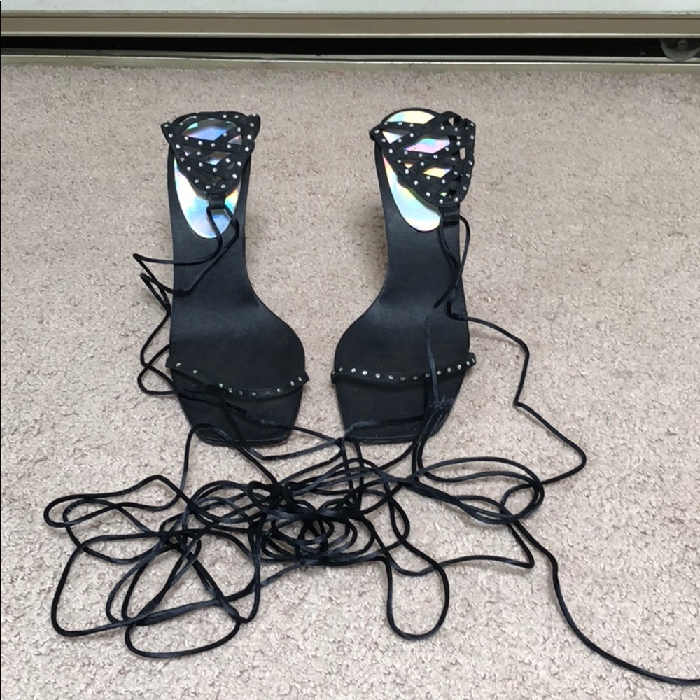 Michael Antonio black satin tie up heels